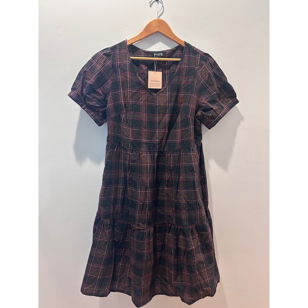 BloomChic Plaid Dress Womens 12 Black Red Tiered V-Neck Puff Sleeve Babydoll